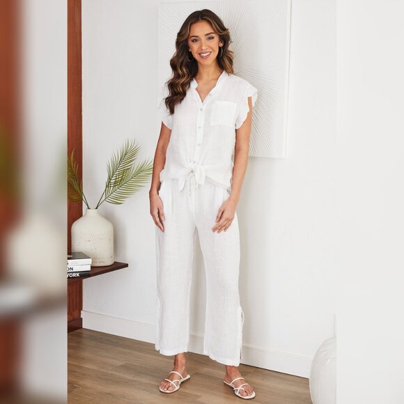 (8093-PRL) SOLID RUFFLE SHORT SLEEVE CHEST POCKET BUTTON DOWN LINEN TOP - Picture 6 of 6